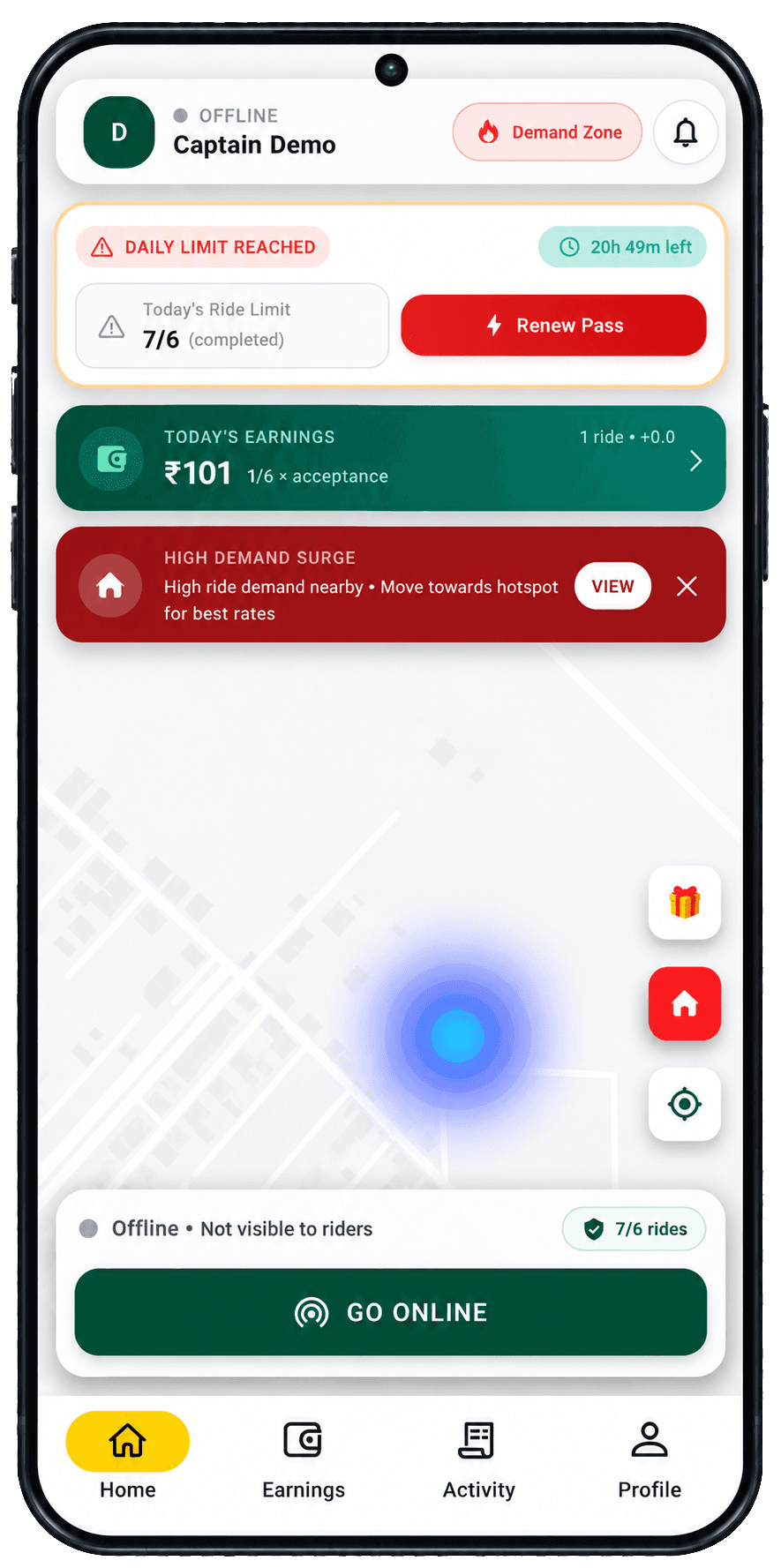 ChandigarhRide Captain app home screen with earnings, ride limit and Go Online button